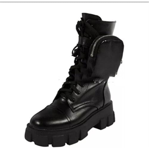 Platform Shoes Womens Boots Pocket Lace Up Ladies Motorcycles Boots Female Combat Runway Buckle Strap Zipper Ankle Boot Woman