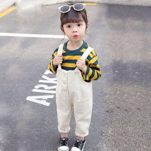 1-5 year girls spring autumn two-piece letter printing long-sleeved striped bottoming shirt + strap pants quality child clothing
