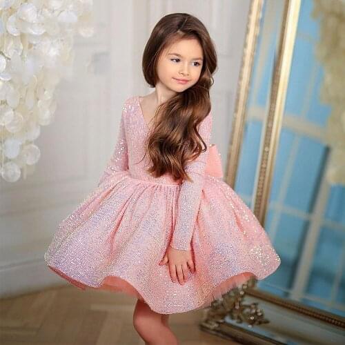 Pink Flower Girl Dresses Tulle Layers First Communion Kids Dresses Puff sleeves Bow Knot Girl Wedding Little Bride Gowns