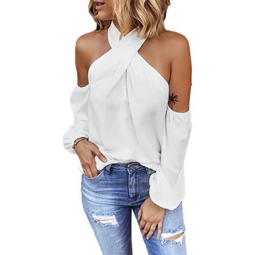 2020 Women Solid Color sexy and stylish Long Sleeve Sexy Halter Off Shoulder платья женские Back Zipper Blouse Top