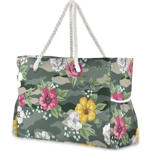 Women Beach BagFlower Pattern On Camouflage Shopping Bag Shoulder Female Casual Tote Rough Twine Messenger Bag Ladies Handbags