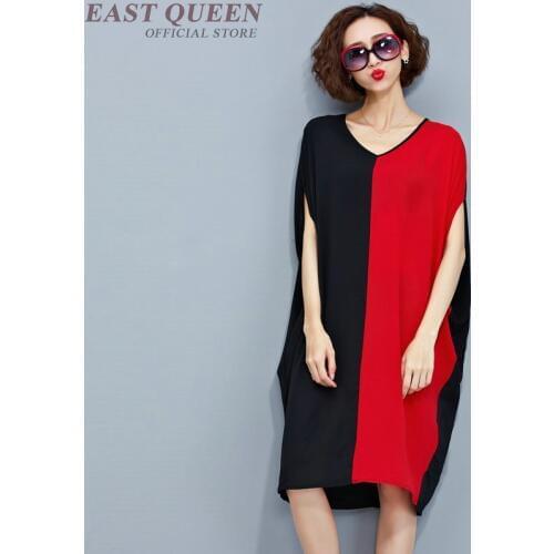 T Shirt Dress Robe Vintage Femme Batwing Shoulder Red Black Patchwork Loose Casual Dresses For Women 2019 Summer Dresses DD1179