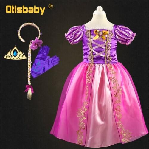 Girls Princess Tangled Rapunzel Dress New Year Costume Puff Sleeve Noble Queen Halloween Carnival Party Dresses Rapunzel Wig