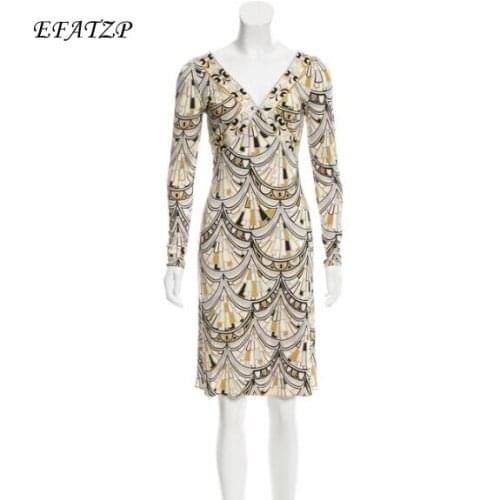 New Fashion 2018 Designer Brand Dress Womens Geometry Printed Long Sleeves V-Neck Stretch Jersey Silk XL XXL Day Dress