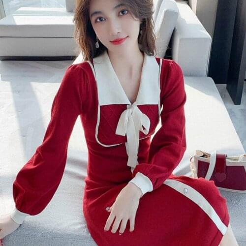 2021 Women Spring and Autumn Dress Bow New Knitted Temperament Mini A-Line Sexy Sweet Long Sleeve Vestidos Y276