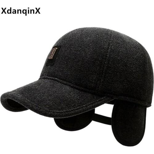 XdanqinX Winter Mens Plus Velvet Warm Earmuffs Hat Thermal Baseball Cap Snapback Cap New Adjustable Size Men Casual Sports Caps