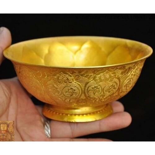 5"Marked Chinese dynasty Bronze 24k gold Gilt flower pattern Tea cup bowl statue