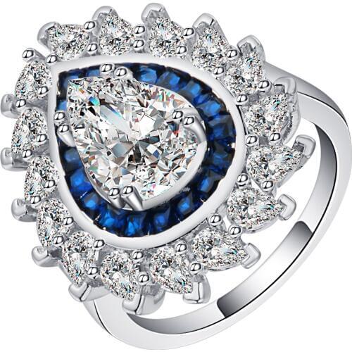 Shining Micro Pave Zircon Water Drop And Flower Ring Silver Color Beautiful Round Finger Rings For Women Wedding Ring Charm Gift