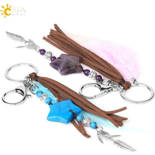 CSJA Natural Dream Catcher Keychains Blue Feather Tassel Pentagram Keyring for Wall Car Hanging Decor Amulet Boho Jewelry G749