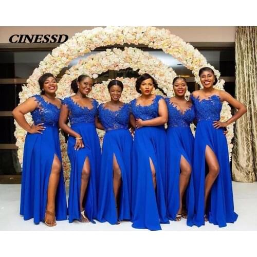 Royal Blue Lace Bridemaid Dresses Long 2021 Chiffon Sheer Neck Applique Split Prom Party Gown Sleeveless Wedding Guest Dress
