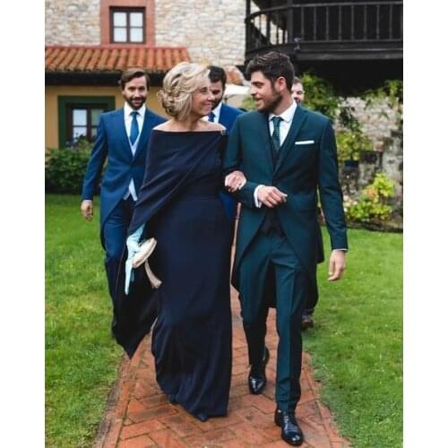 Long Stretchy Boat Neck Mother of the Bride Dresses A-Line Floor Length Navy Blue Wedding Party Dresses for Women