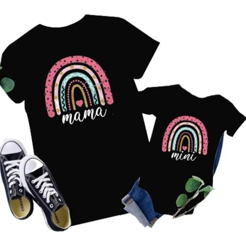 Family Matching T-shirt Fashion Mama and Mini Rainbow Print Black Short Sleeve Family Look T-shirts Mother and Daughter Clothes
