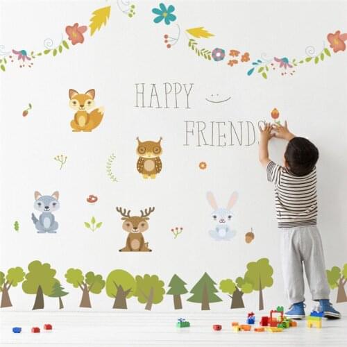 Cute Animals Trees Wall Stickers For Kindergarten Kids Room Home Decoration Cartoon Rabbit Fox Owlet Mural Art Decals Pvc Poster