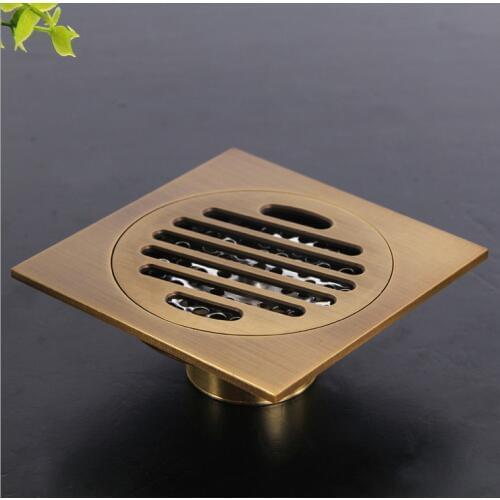 Fashion 10*10cm Antique Brass Bathroom Square Shower Floor Drain / grate drains shower hair trap Strainer 4 STYLE