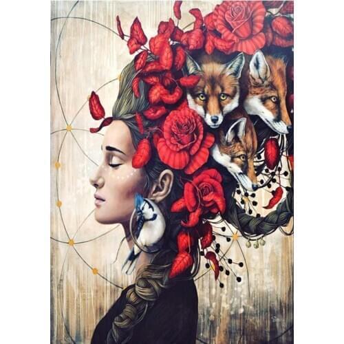 Diamond Painting Kits for Adults,Full Square Round Diamond Embroidery Art,Mosaic Fantasy Painting Flower,Beauty,Fox YG2526