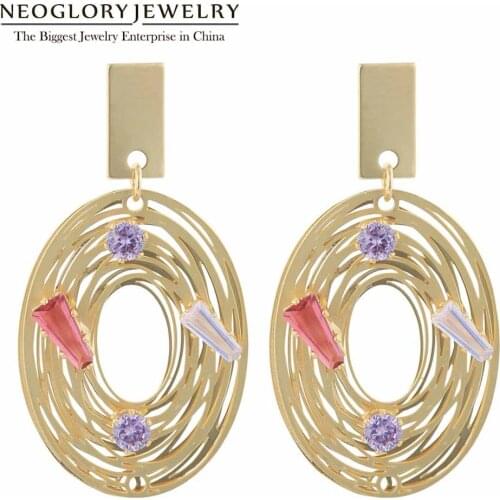 Neoglory Matt Gold Metal Circle Hollow Dangle Earrings For Women Zirconia Fashion Oval Drop Earrings For Party Gifts For Friend