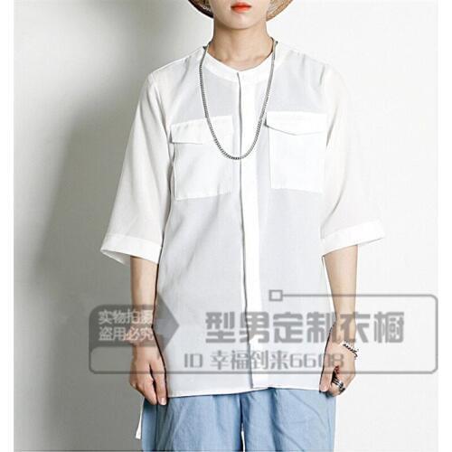 New Korean Irregular Shirt Hair Stylist Primer Shirts Men O-neck Toe Box Dark Buckle Linen Personalized Mens Outerwear S-5xl