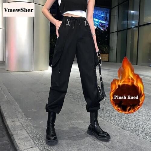 VmewSher New Winter Cargo Pants Women Strap Pocket Streetwear Ribbons Buckle Fashion Warm Short Plush Fur Lined Casual Trousers