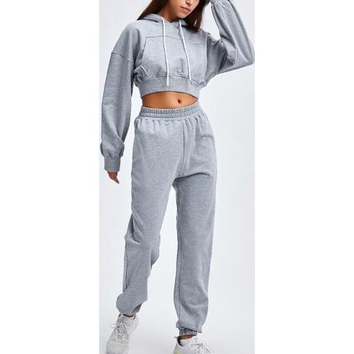 Casual Women Pocket Two Picece Set Sportwear Hooded Outfits Drawatring Pullover Cropped Sweatshirt And Elastic Harem Pants Suits