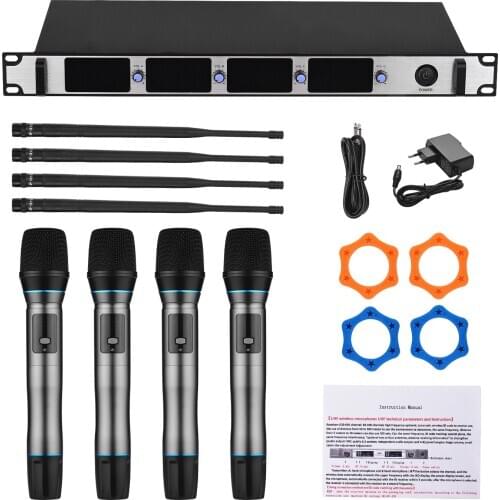 Professional Wireless Microphone System 4-Channel UHF Cordless Mic Set with 4 Handheld Mics & 1 Rack-Mount Receiver for Karaoke