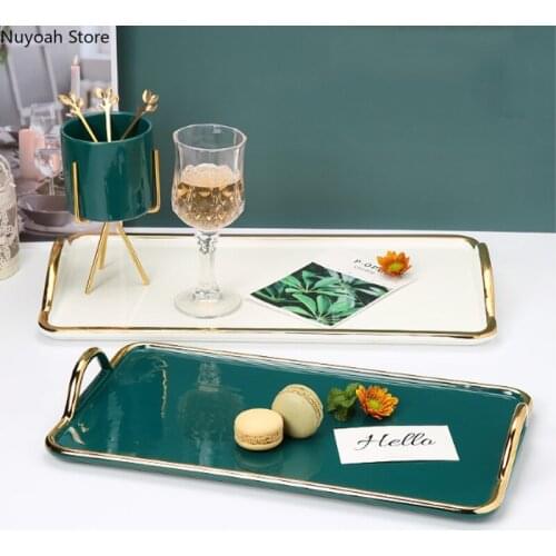European-style White Rectangular Ceramic Storage Tray Creative Golden Stroke Coffee Tea Set Cup Tray Living Room Tea Cup Tray