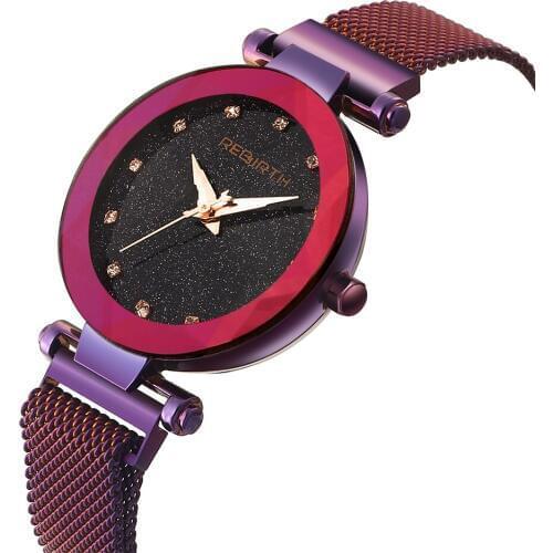 Rebirth Luxury Watch Magnet Stainless Steel Mesh Band Women Quartz Fashion Starry Sky Crystal Dial Ladies Bracelet Wrist Watches