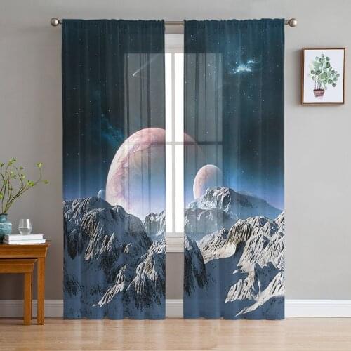 Rocky Mountains Planets Starry Sky Window Curtains Bedroom Modern Drape Sheer Tulle Valances Living Room Kitchen Voile Curtain