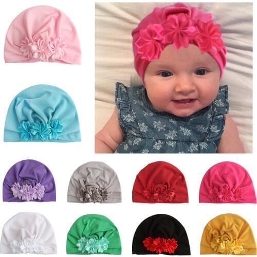 Yundfly Infant Newborn Caps with Ribbon Flower Cotton Blend Kont Turban Girls Children Stretchy Beanie Hat Baby Hair Accessories