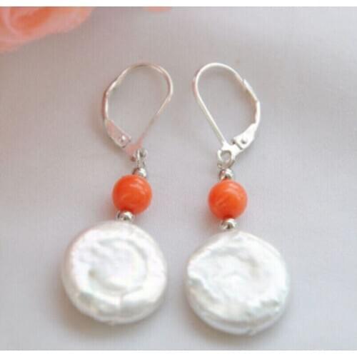 FINE JEWELRY WHITE COIN FRESHWATER PEARL PINK CORAL DANGLE EARRING
