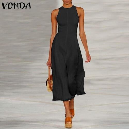 Women Party Jumpsuits 2021 VONDA Female Wide Leg Pants Casual Sleeveless Calf-Length Pants Zipper Rompers Femme Pants