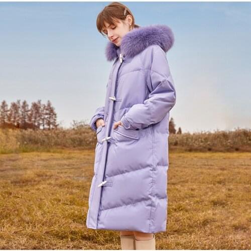 Women White Duck Down Coats 2021 Winter New Female Long Puffer Jackets Real Natural Fox Fur Collar Hooded Ox Horn Buckle Outwear