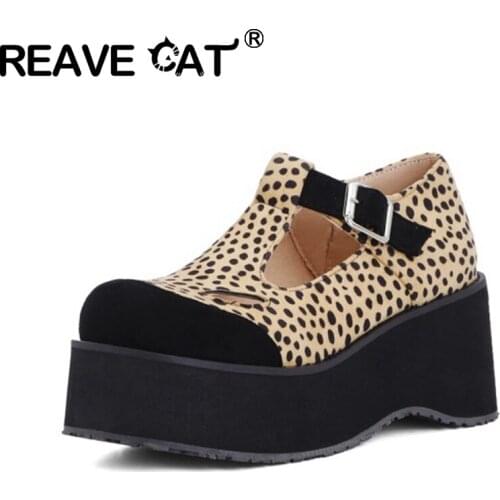 REAVE CAT 2021 Thick Sole Pumps Flock Round Toe Creepers Leopard Cut Outs Platforms T Strap 7cm Chunky Heel US17 Yellow A4349