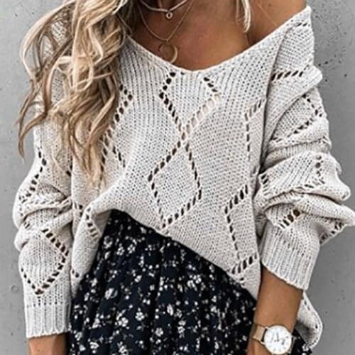 Woman Hollow Out Thin Sweaters Vintage White Color Long Sleeve V-Neck Off Shoulder Sexy Autumn England Style Knitted Pullover