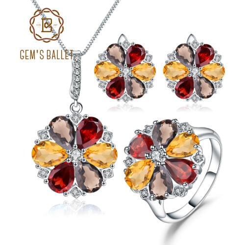 GEMS BALLET 925 Sterling Silver Gemstone Jewelry Set Ring Earrings Pendant Set Natural Garnet Smoky Quartz Citrine For Women
