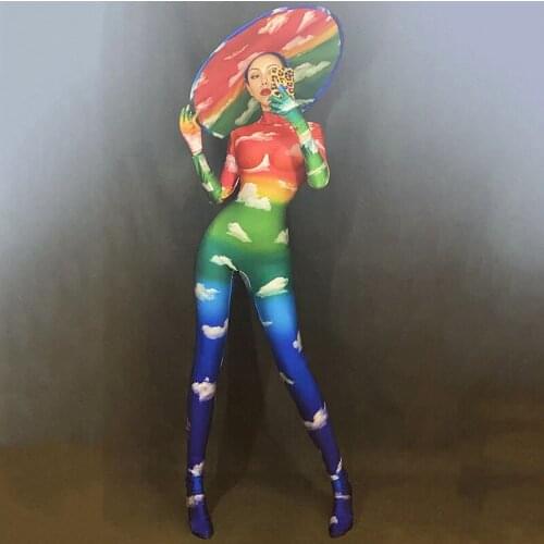 Rainbow Print Cloud Stretch Jumpsuit Big Hat Nightclub Bar Stage Outfit Women Festival Prom Wear Performance Clothing DT2304
