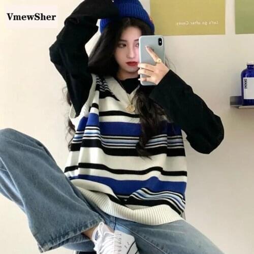 VmewSher New Vintage Spring Autumn Women Sweater Vest V Neck Colors Strip Female Sleeveless Knitted Pullover Fashion Jumper Tops