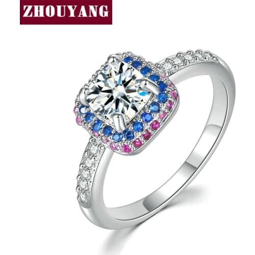 ZHOUYANG Ring For Women Luxury Four Claw Princess Cut Multicolor Cubic Zirconia Silver Color Wedding Gift Fashion Jewelry DZR003
