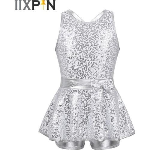 Girls Jazz dance dress Ballet Dance Leotard Dress Modern Tap Dance Sleeveless Sequined Criss Cross Back Waist Bowknot dress kids