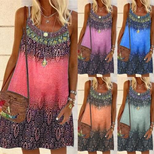 Vintage Print Spaghetti Strap Dress Women Fashion Plus Size Daily Casual Bohemian Dress 2021 New Female Loose Mini Dress Vestido