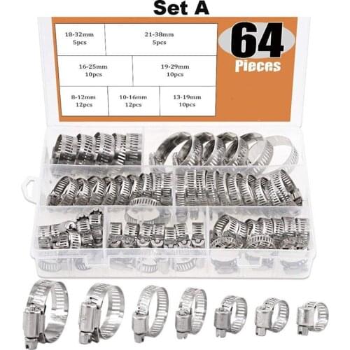 64/80Pcs Adjustable 7-38mm Dia Clips Worm Gear Hose Clamp Spring Clip Assortment Kit for Various Pipes Automotive Mechanical Use