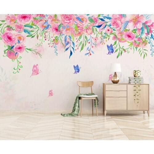 Watercolor Pink Flower Wallpaper Nordic Butterfly Wall Mural HD Printed Wallpapers for Bedroom Canvas Wall Decor Papel De Parede