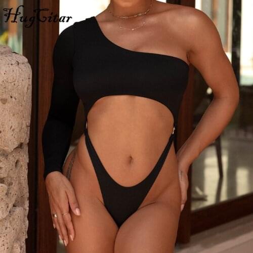 Hugcitar 2021 Summer Fall Single Shoulder Long Sleeves Hollow Out Bodycon Sexy Bodysuit Fashion Clubwear Outfits Y2K Streetwear