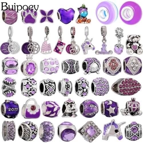Buipoey 2pcs Purple Bear Unicorn Beads Footprint Star Waist Dangle Charm Pendant Fit Brands Bracelets Diy Jewelry Making Beaded