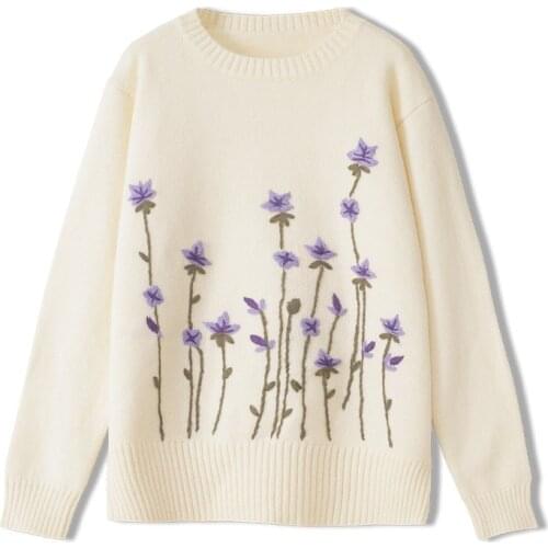 YYCZF Jumper Women Stereo Crochet Embroidery Purple Floral Pullover Sweater Round-Neck Long Sleeve Fall Winter Loose Pullover