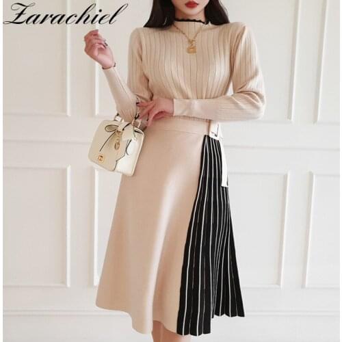 Elegant Turtleneck Long Sleeve Knitted Lace Up Pleated Dress Color Contrast Office Ladies Sweater Vestidos 2021 Autumn Wint