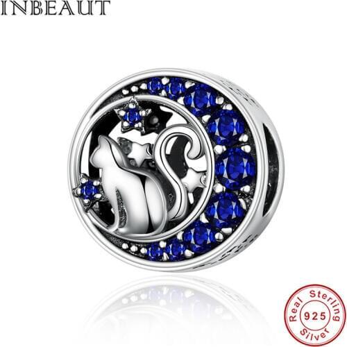 INBEAUT 100% Real 925 Sterling Silver Blue Round Zircon Cock UpTail Cat Beads Fairy CZ Star Sky Charms fit Brand Bracelet Gift