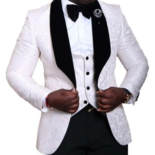 JELTONEWIN New Style Groomsmen White Pattern Jacket Groom Tuxedos Shawl Lapel Men Wedding Suits 3 Pieces Party Best Man Blazer