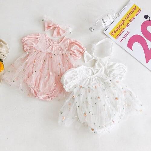2021-02-06 lioraitiin Newborn Baby Girls 2Pcs Set Solid Short Sleeve Mesh Hem Dress Flower Pattern Romper+Hair Band