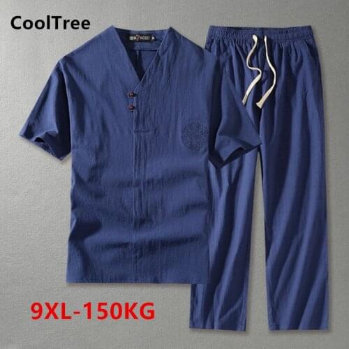 CoolTree Men Cotton linen Set Spring Summer Plus Size 8XL 9XL Solid color T-shirt and Pants Two-piece Suit Male Loose Streetwear