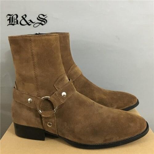 Black& Street DARK Brown Wyatt Harry Buckle Ring Strap harness men Boots Wedge Leather Denim Banquet Real leather Boots